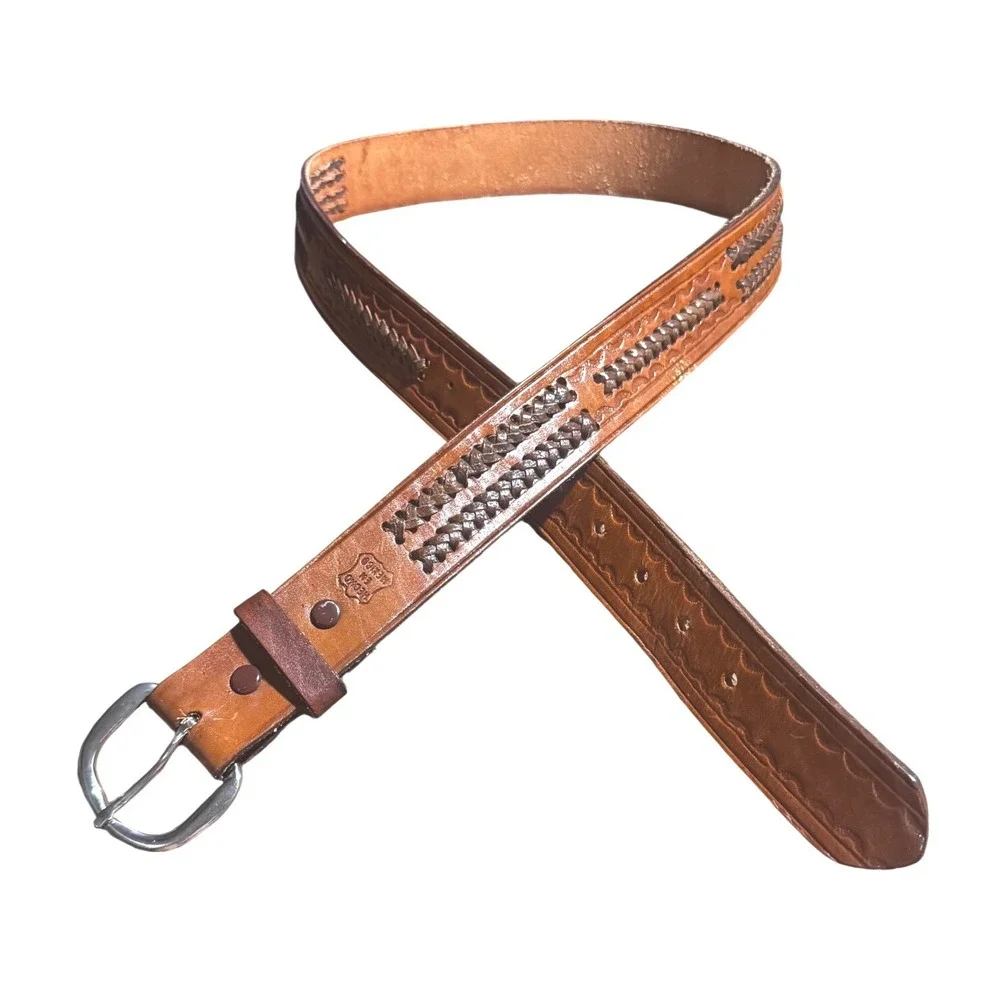 Hand Tooled Vintage Belt Mens 38 Tan Woven Inlay Made in Mexico Thick Leather